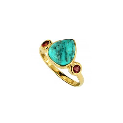 Sterling Silver Turquoise and Rhodolite Ring Over 18K Yellow Gold Plated