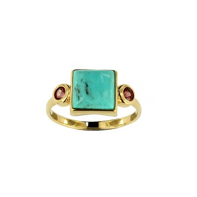 Sterling Silver Turquoise & Rhodolite Ring Over 18K Yellow Gold Plated