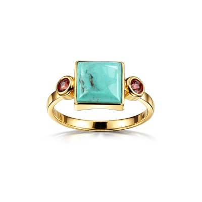 Sterling Silver Turquoise & Rhodolite Ring Over 18K Yellow Gold Plated