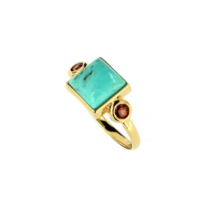 Sterling Silver Turquoise & Rhodolite Ring Over 18K Yellow Gold Plated