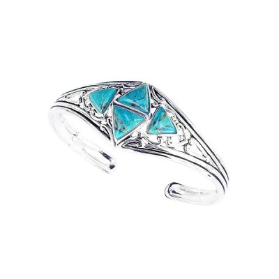 Sterling Silver Turquoise With White Topaz Cuff Bangle 7.5 Inches