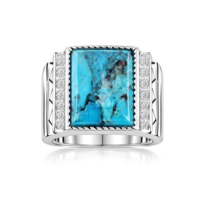 Sterling Silver Turquoise With White Topaz Men's Ring