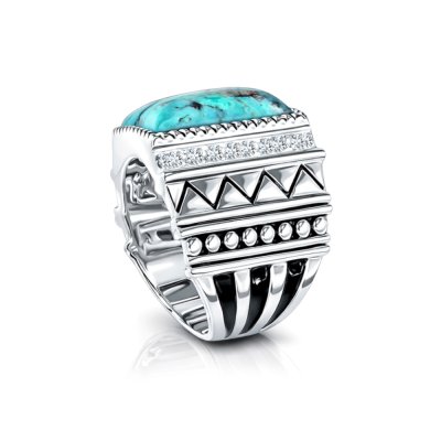Sterling Silver Turquoise With White Topaz Men's Ring