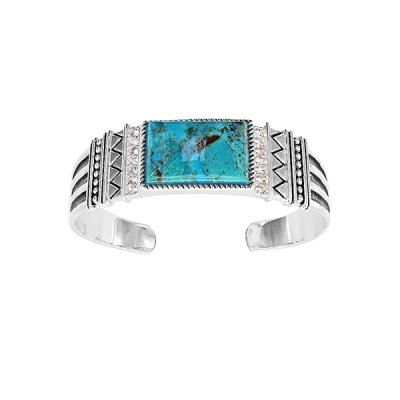 Sterling Silver Turquoise With White Topaz Cuff Bangle 8 Inches