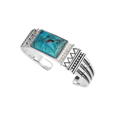 Sterling Silver Turquoise With White Topaz Cuff Bangle 8 Inches