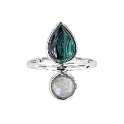 Sterling Silver Ring Malachite with Rainbow Moonstone Ring