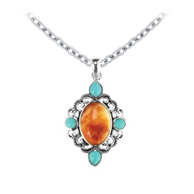 Sterling Silver Spiny Oyster With Sleeping Beauty Turquoise Pendant With Chain 18 Inches