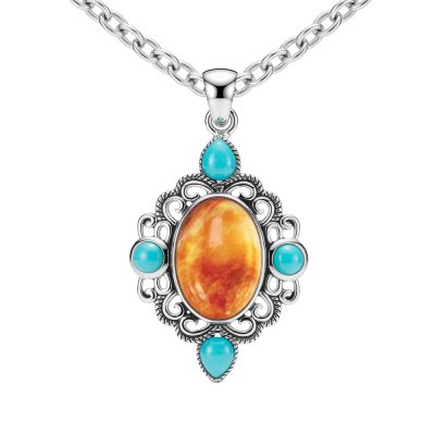 Sterling Silver Spiny Oyster With Sleeping Beauty Turquoise Pendant With Chain 18 Inches