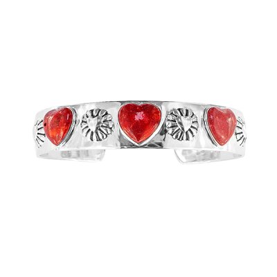 Sterling Silver Red Coral Heart Cuff Bangle 7.5 Inches