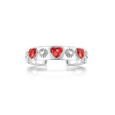 Sterling Silver Red Coral Heart Cuff Bangle 7.5 Inches