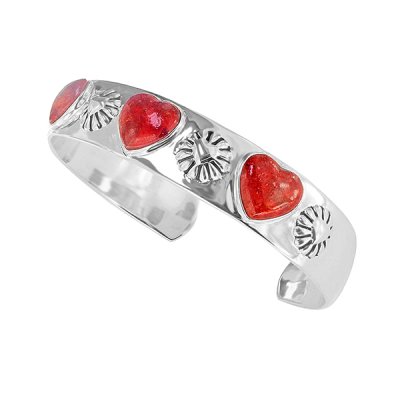 Sterling Silver Red Coral Heart Cuff Bangle 7.5 Inches