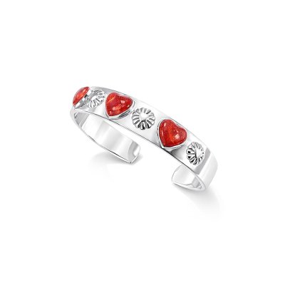Sterling Silver Red Coral Heart Cuff Bangle 7.5 Inches