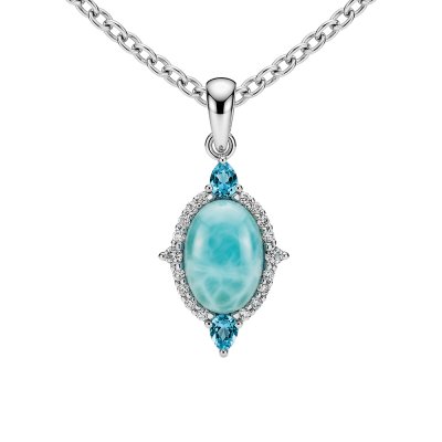 Sterling Silver Larimar With Swiss Blue Topaz Pendant With Chain 18 Inches