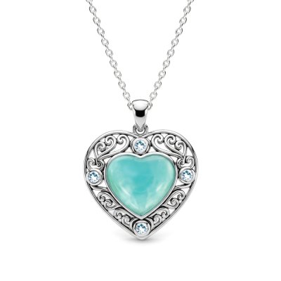 Sterling Silver Larimar With Sky Blue Topaz Heart Pendant With Chain 18 Inches
