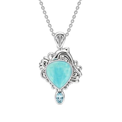 Sterling Silver Larimar With Sky Blue Topaz Dolphin Pendant With Chain 18 Inches