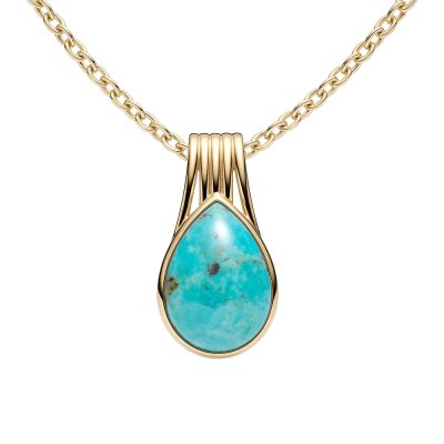 Sterling Silver Blue Kingman Pendant Over 18K Yellow Gold Plated With Chain 18 Inches