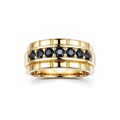 Sterling Silver Black Spinel Men's Ring Over 18K Yellow Gold