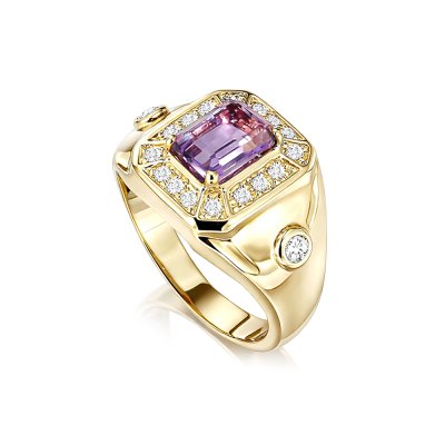 Sterling Silver Amethyst and White Topaz Men's Ring Over 18K Yellow Gold