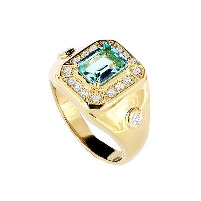 Sterling Silver  Sky Blue Topaz and White Topaz Men's Ring Over 18K Yellow Gold