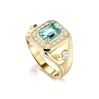 Sterling Silver  Sky Blue Topaz and White Topaz Men's Ring Over 18K Yellow Gold