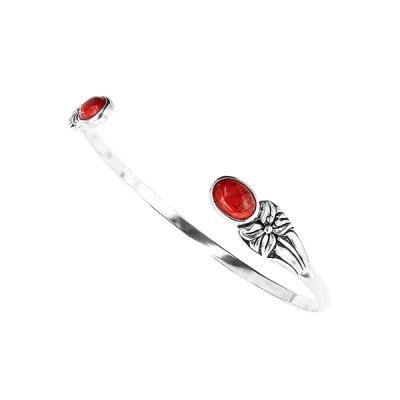 Sterling Silver Red Coral Bangle 7.5 Inches