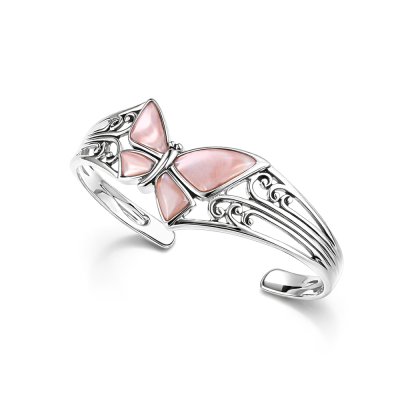 Sterling Silver Pink Mother of Pearl Butterfly Cuff Bangle