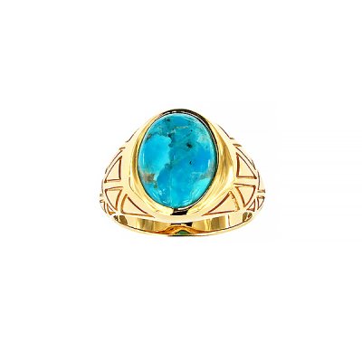 Sterling Silver Turquoise Men's Ring Over 18K Yellow Gold Plated