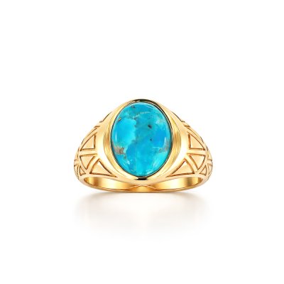 Sterling Silver Turquoise Men's Ring Over 18K Yellow Gold Plated