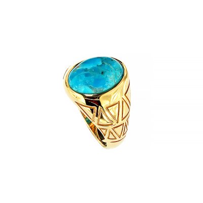 Sterling Silver Turquoise Men's Ring Over 18K Yellow Gold Plated