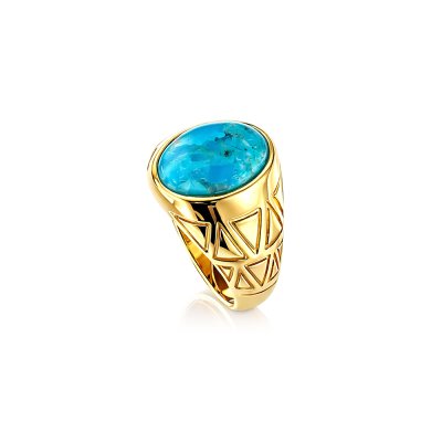 Sterling Silver Turquoise Men's Ring Over 18K Yellow Gold Plated