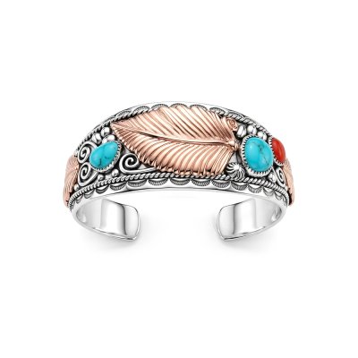 Sterling Silver Turquoise and  Red Coral Two Tone Leaf Bangle