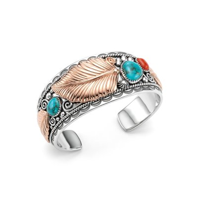Sterling Silver Turquoise and  Red Coral Two Tone Leaf Bangle