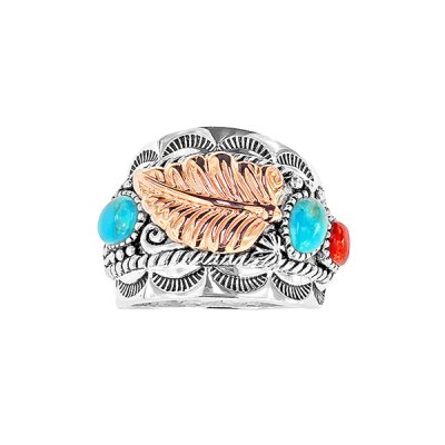 Sterling Silver Turquoies and Red Coral Two Tone Leaf Ring