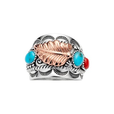 Sterling Silver Turquoies and Red Coral Two Tone Leaf Ring