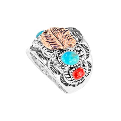 Sterling Silver Turquoies and Red Coral Two Tone Leaf Ring
