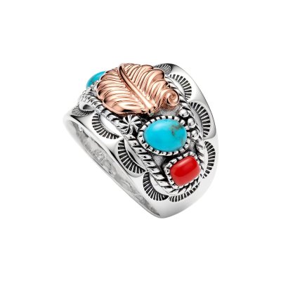 Sterling Silver Turquoies and Red Coral Two Tone Leaf Ring