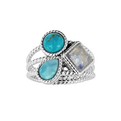 Sterling Silver Turquoise Larimar and Rainbow Moonstone Ring