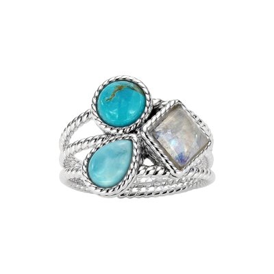 Sterling Silver Turquoise Larimar and Rainbow Moonstone Ring