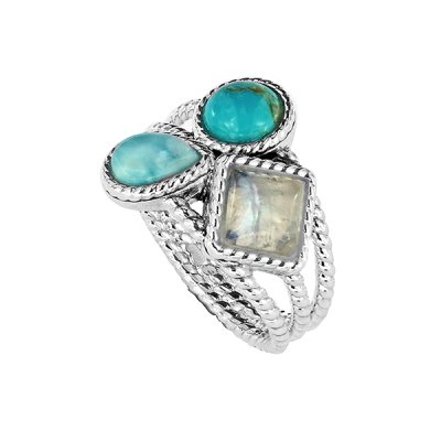 Sterling Silver Turquoise Larimar and Rainbow Moonstone Ring