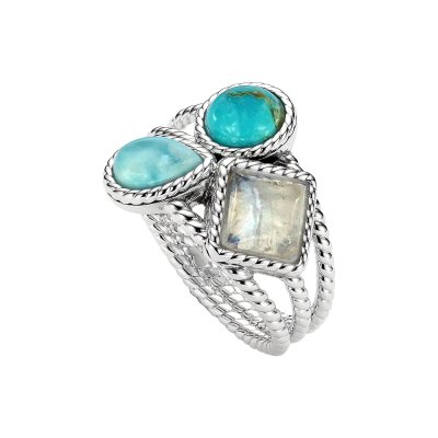 Sterling Silver Turquoise Larimar and Rainbow Moonstone Ring