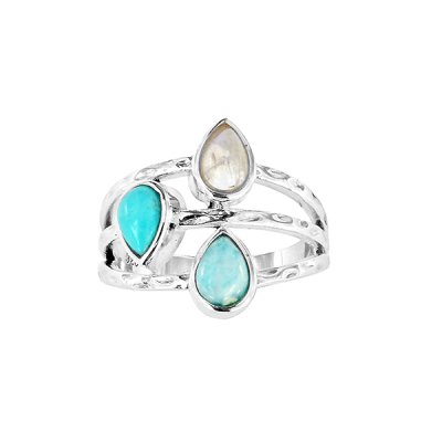 Sterling Silver Turquoise Larimar and Rainbow Moonstone Stone Ring