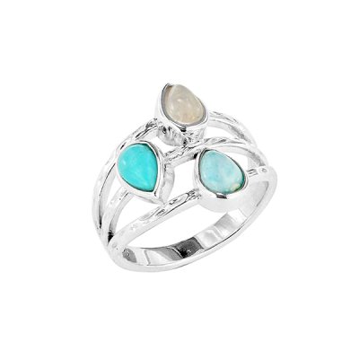 Sterling Silver Turquoise Larimar and Rainbow Moonstone Stone Ring