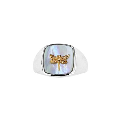 Sterling Silver Mother of Pearl Dragonfly Two Tone Signet Ring