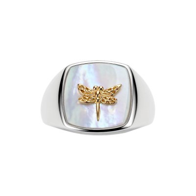 Sterling Silver Mother of Pearl Dragonfly Two Tone Signet Ring