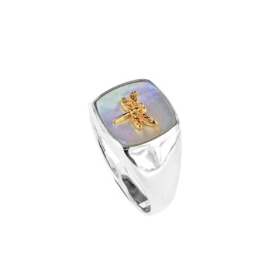 Sterling Silver Mother of Pearl Dragonfly Two Tone Signet Ring