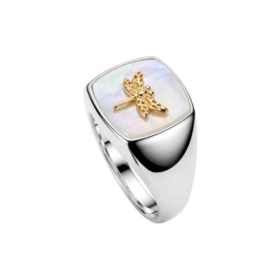 Sterling Silver Mother of Pearl Dragonfly Two Tone Signet Ring