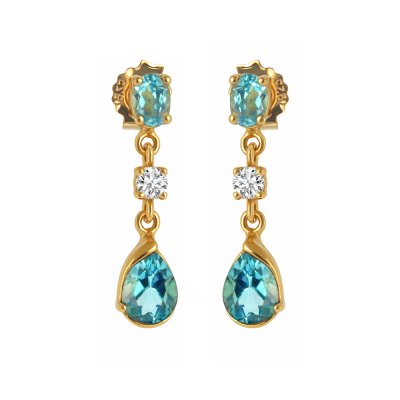 Sterling Silver Swiss Blue Topaz and White Topaz Earring Over Yellow Gold 18K plated
