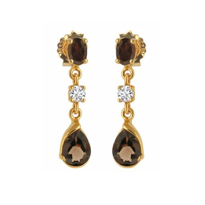 Sterling Silver Smoky Quartz and White Topaz Earring Over Yellow Gold 18K plated