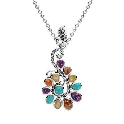 Sterling Silver  Multi-Color Stone Boho Pendant with Chain 18 Inches