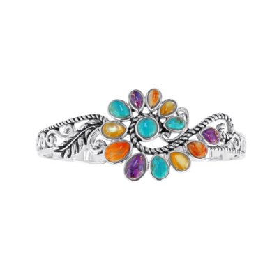 Sterling Silver Multi-Color Stone Boho Cuff Bangle 7.5 Inches